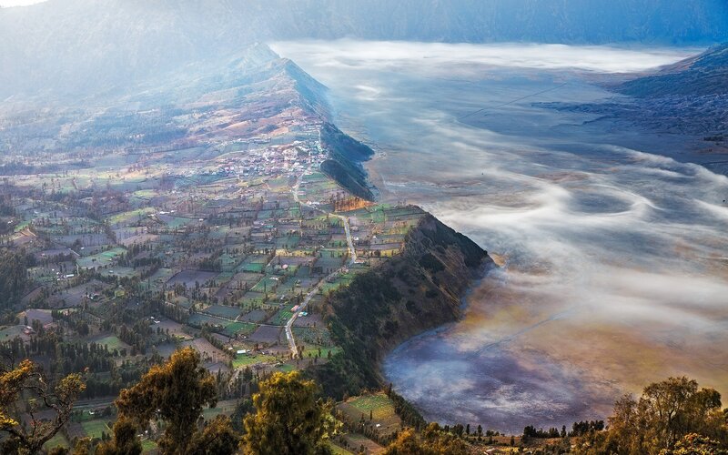 Volcanic Crater Landscape — Green, Serene, Morning