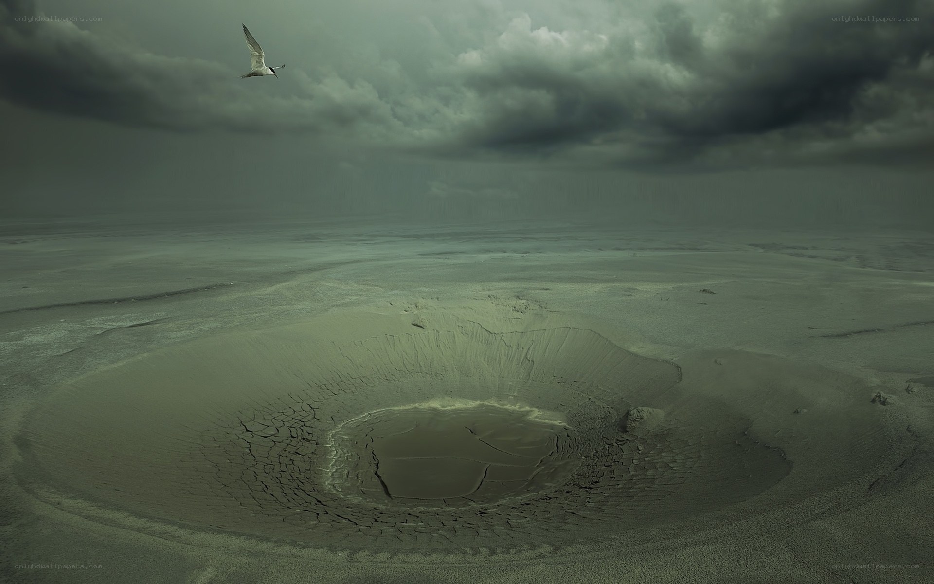Volcanic crater under stormy sky