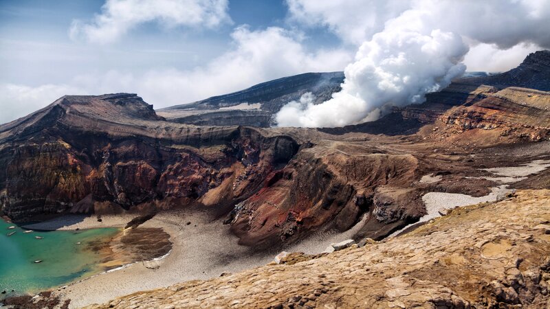 Volcanic Crater with Lake — Brown, Dramatic
