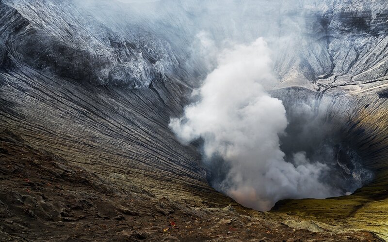 Volcanic Crater with Smoke — Gray, Dramatic