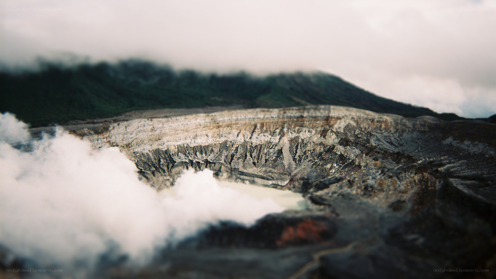 volcanic crater with steam