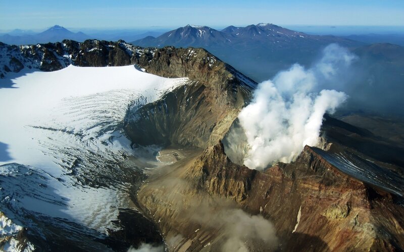 Volcanic Crater with Steam — White