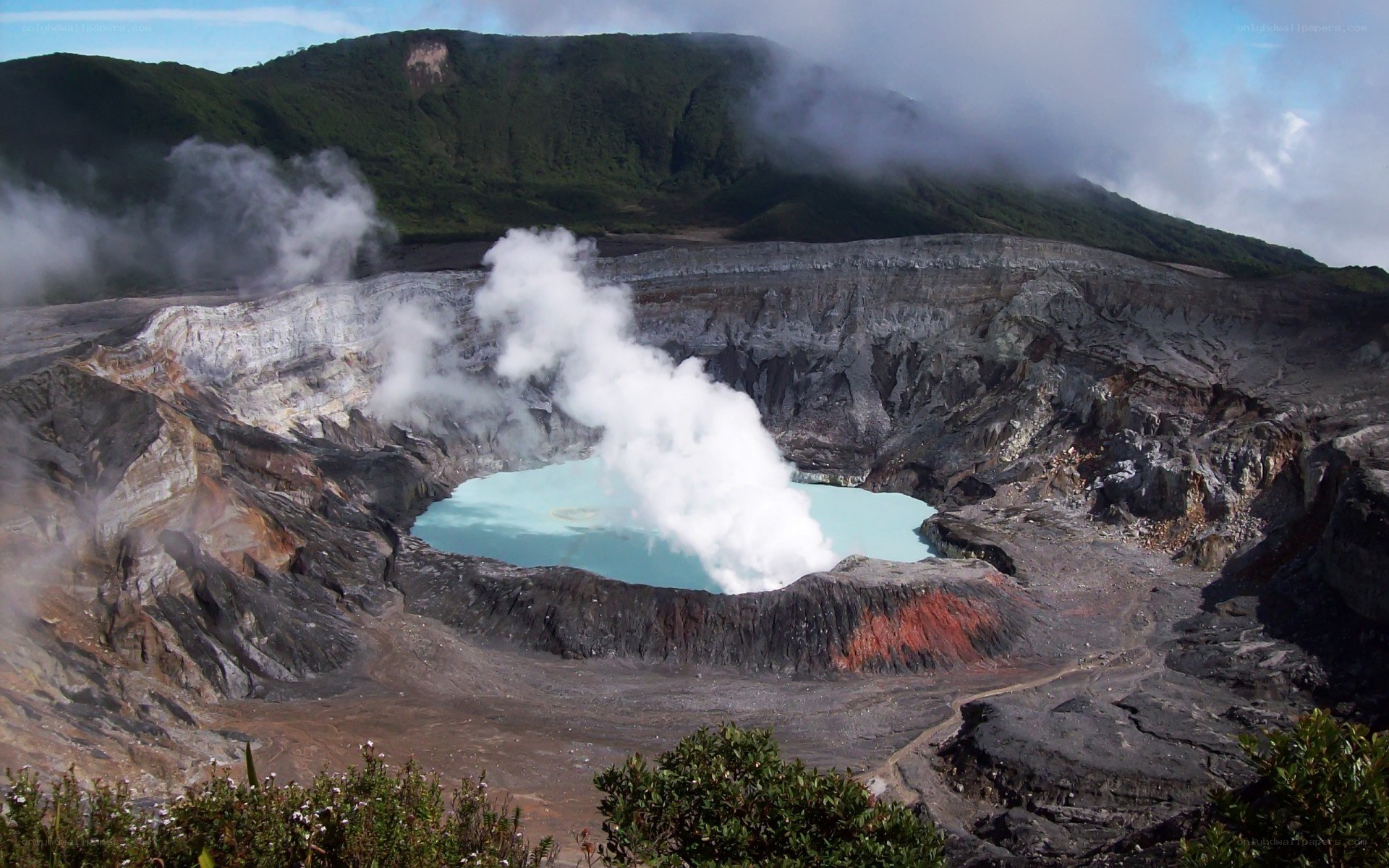 volcanic crater with steaming lake