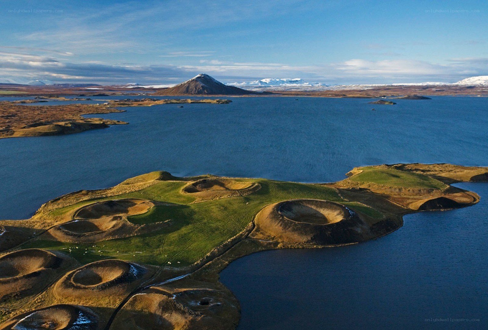 Volcanic craters by a lake