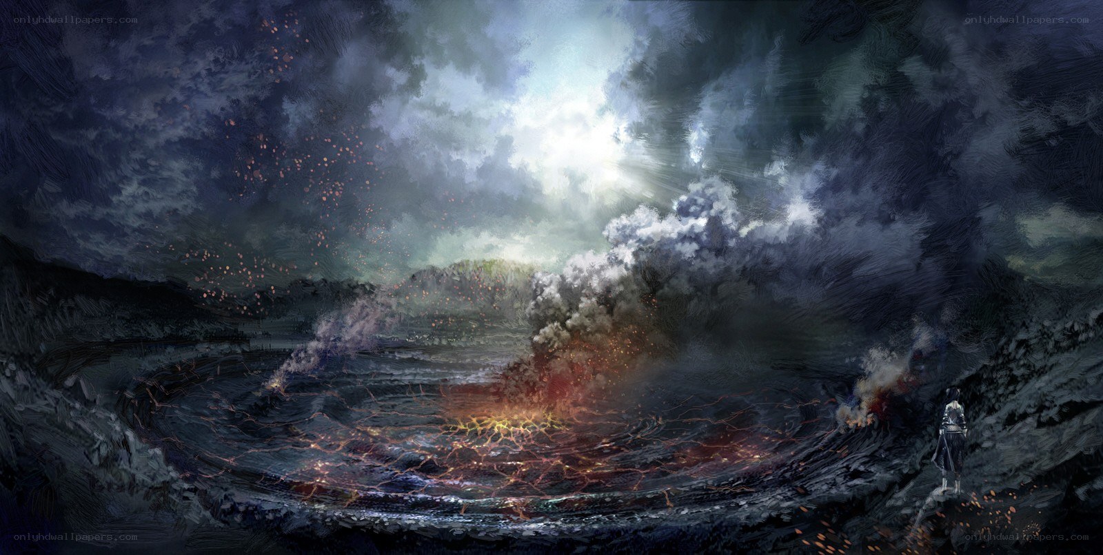 volcanic eruption at dusk
