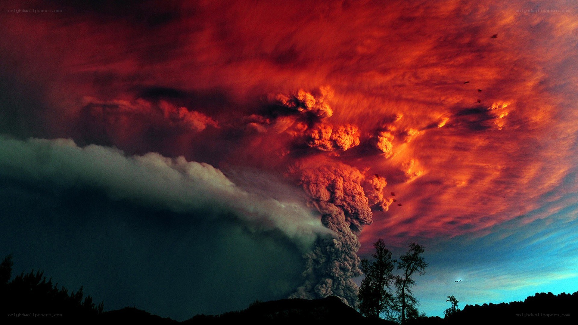 Volcanic eruption at dusk