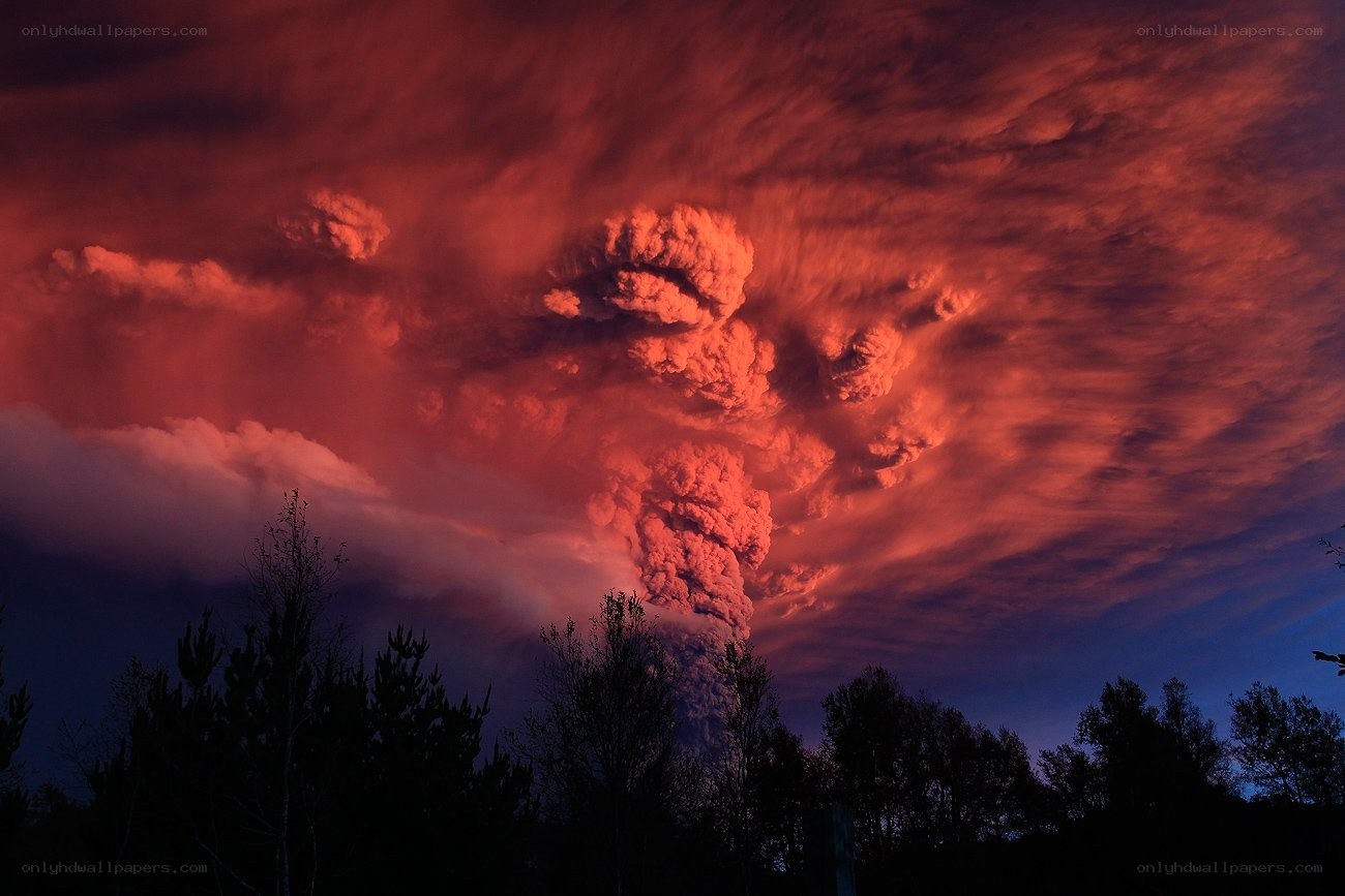 Volcanic eruption at dusk
