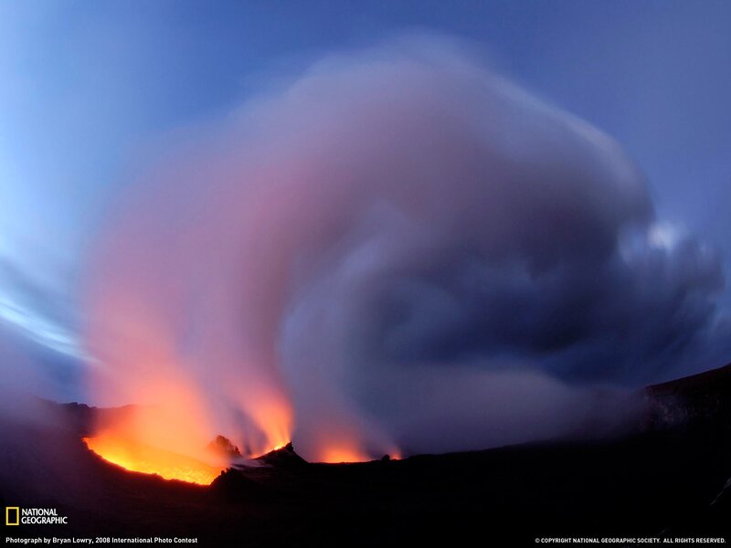 Volcanic eruption at dusk