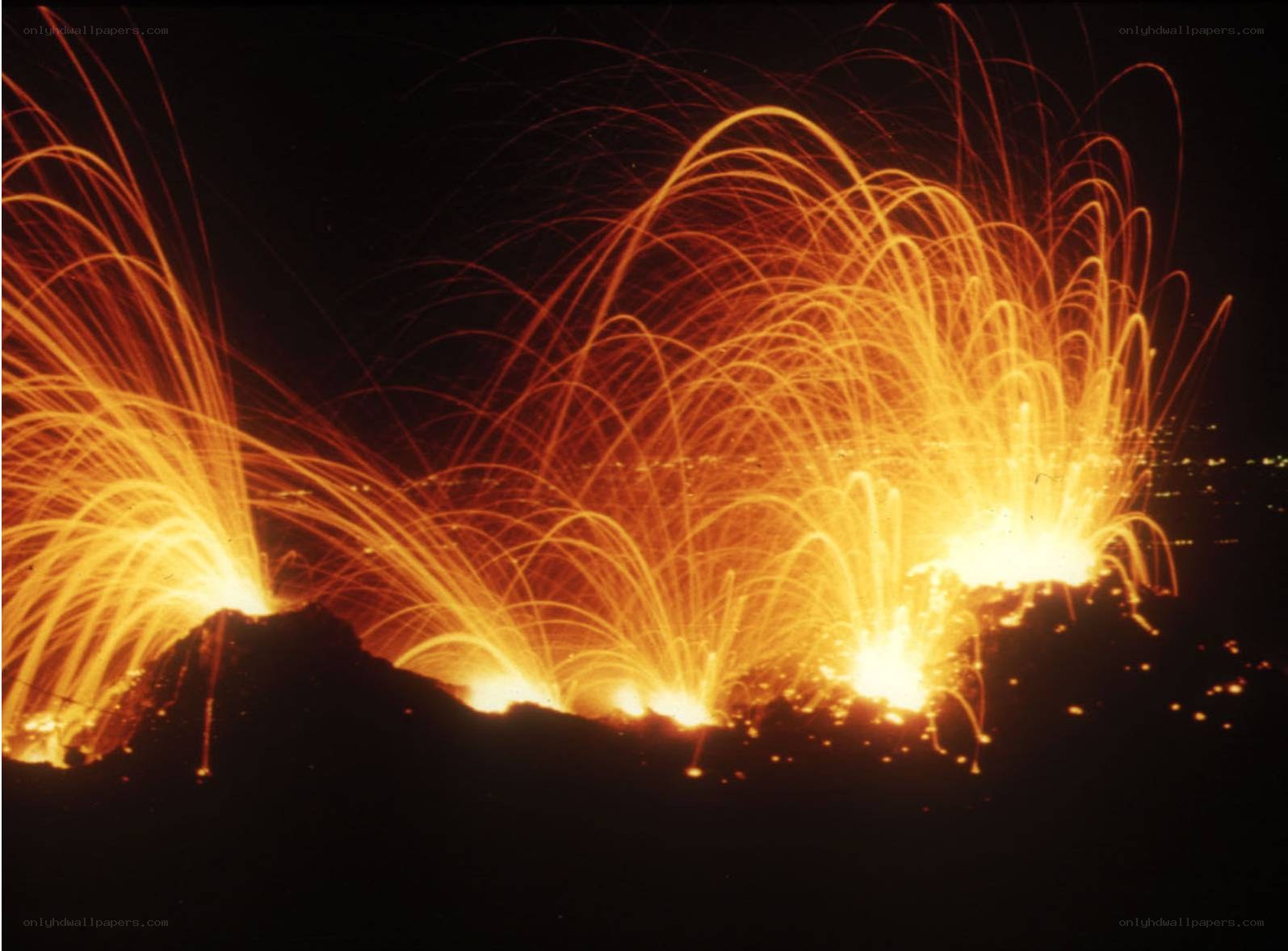 Volcanic eruption at night