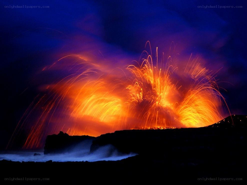 Volcanic eruption at night