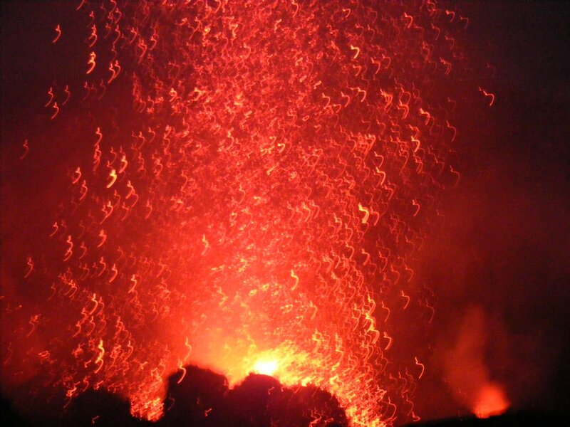 Volcanic eruption at night