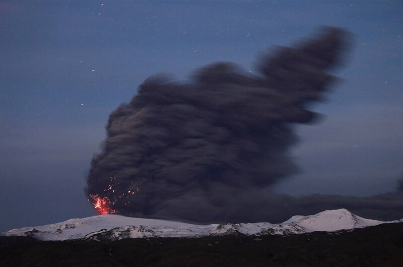 Volcanic Eruption at Night — Black, Dramatic, Photograph, Lava, Ash Cloud