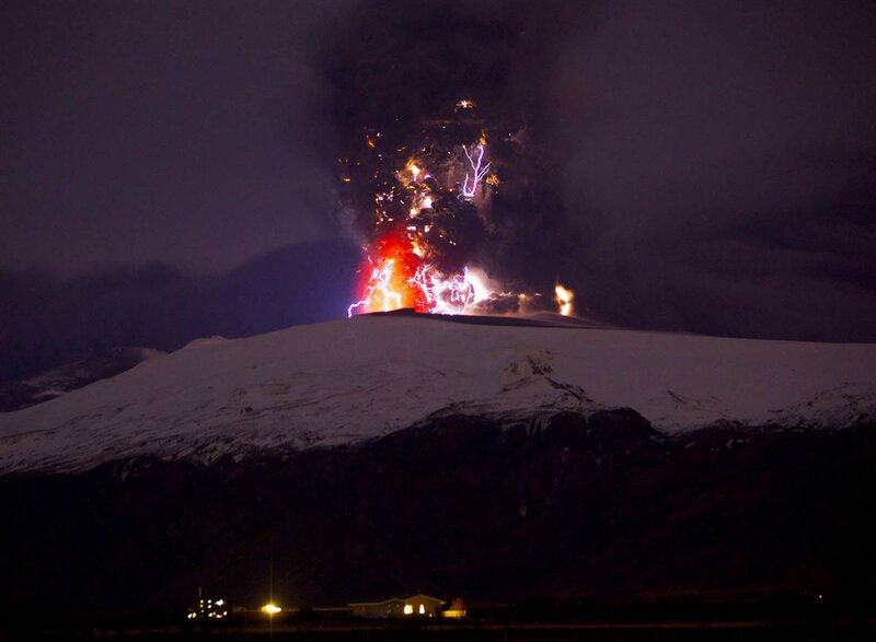 Volcanic Eruption at Night — Black, Dramatic, Photograph, Mountain, Lava