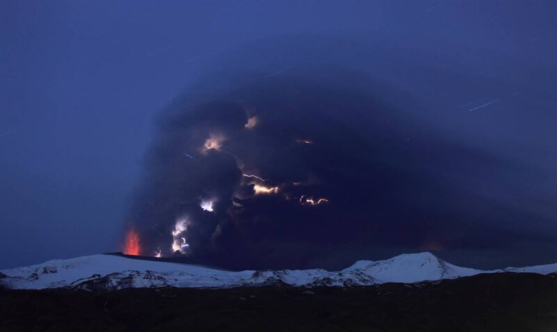 Volcanic Eruption at Night — Blue, Dramatic, Photograph