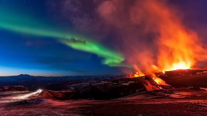 Volcanic Eruption at Night — Green, Dramatic, Photograph, Aurora Borealis, Lava Flow, Mountains