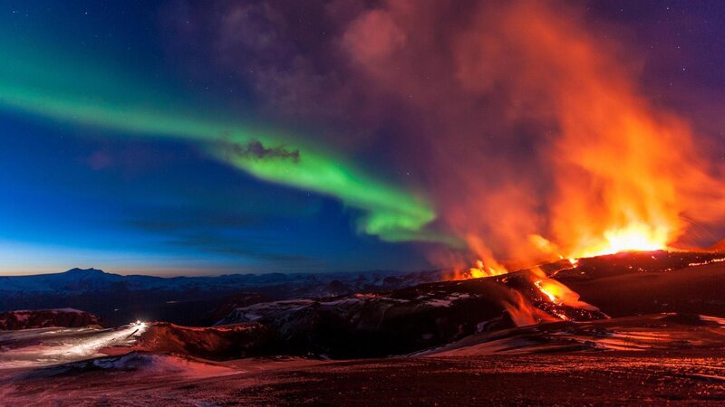 Volcanic Eruption at Night — Green, Dramatic, Photograph, Aurora Borealis, Lava Flow