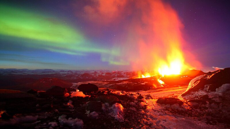 Volcanic Eruption at Night — Green, Dramatic, Photograph, Aurora Borealis, Mountains
