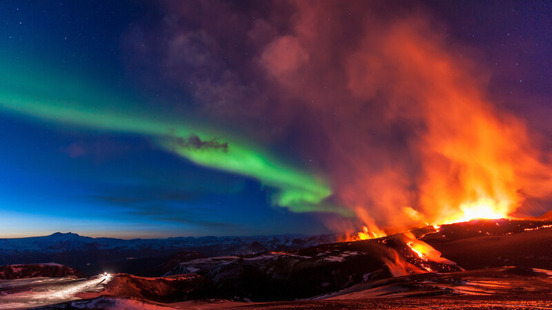 Volcanic Eruption at Night — Green, Dramatic, Photograph, Aurora Borealis