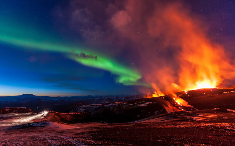 Volcanic Eruption at Night — Green, Dramatic, Photograph
