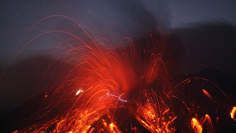 Volcanic Eruption at Night — Red, Dramatic, Photograph, Lava