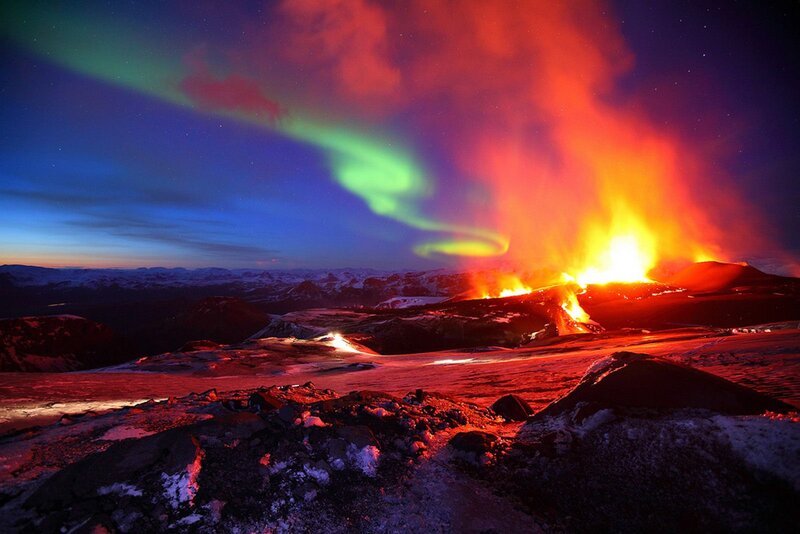 Volcanic Eruption at Night — Red, Dramatic, Photograph
