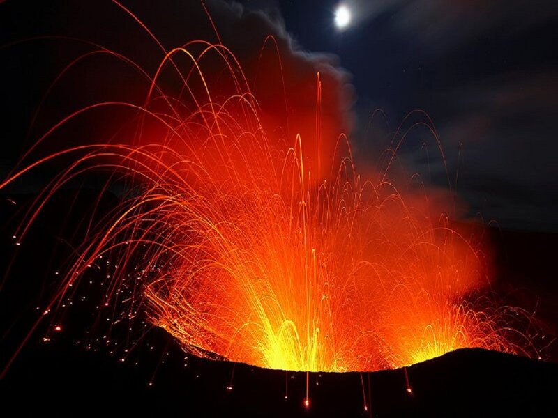 Volcanic Eruption at Night — Red, Dramatic