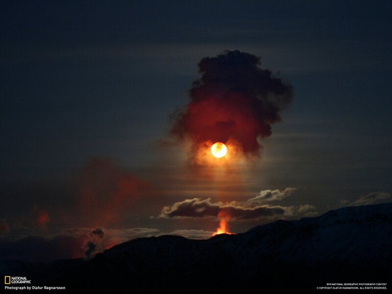 Volcanic Eruption at Sunset — Red, Dramatic