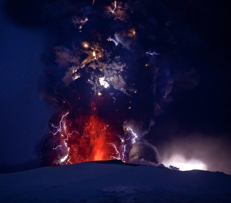 Volcanic Eruption — Black, Dramatic, Night, Photograph, Lightning, Ash Cloud, Lava
