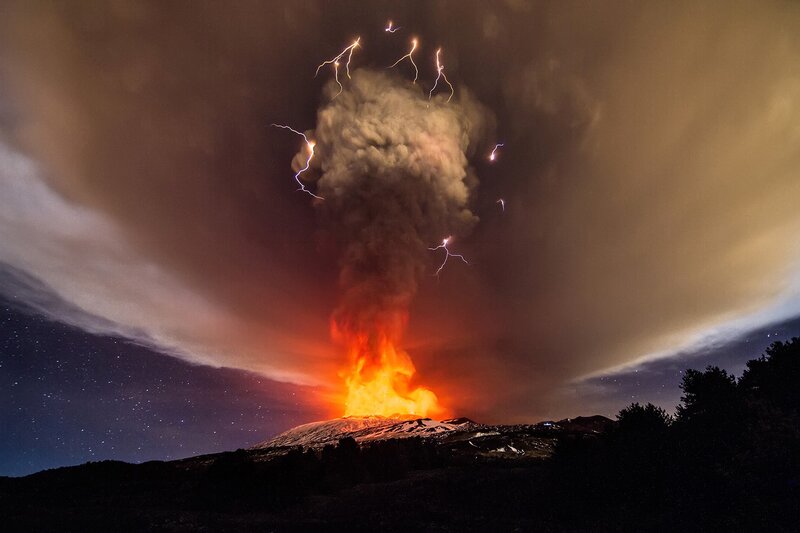 Volcanic Eruption — Black, Dramatic, Night, Photograph