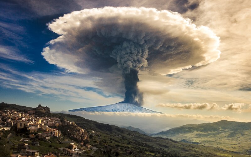 Volcanic Eruption — Blue, Dramatic, Afternoon, Photograph, Mountain, Town