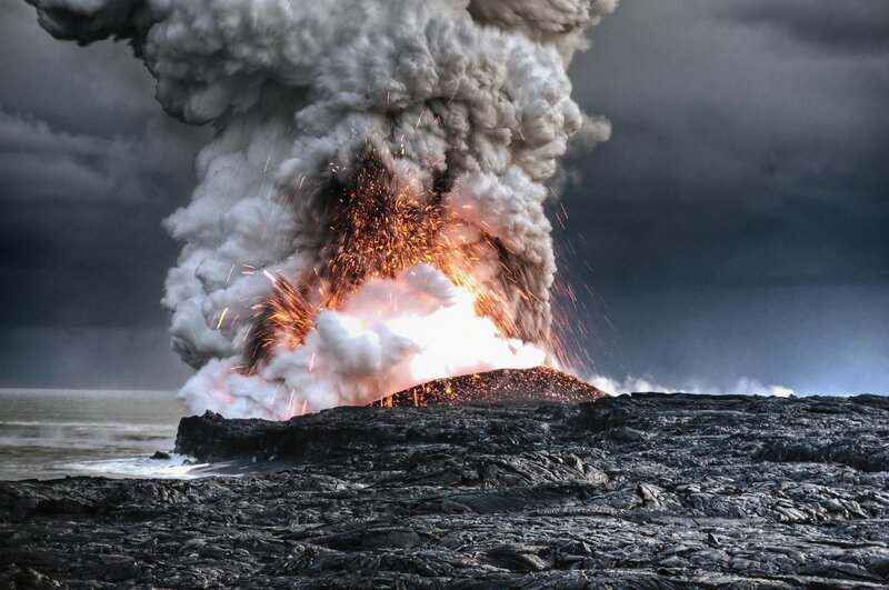 Volcanic Eruption — Gray, Dramatic, Photograph, Lava, Smoke, Ocean