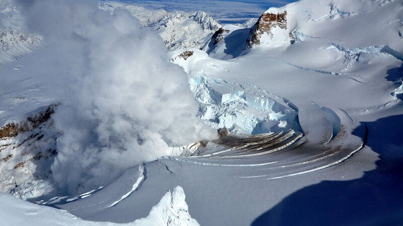 Volcanic Eruption in Snow — White, Dramatic, Winter