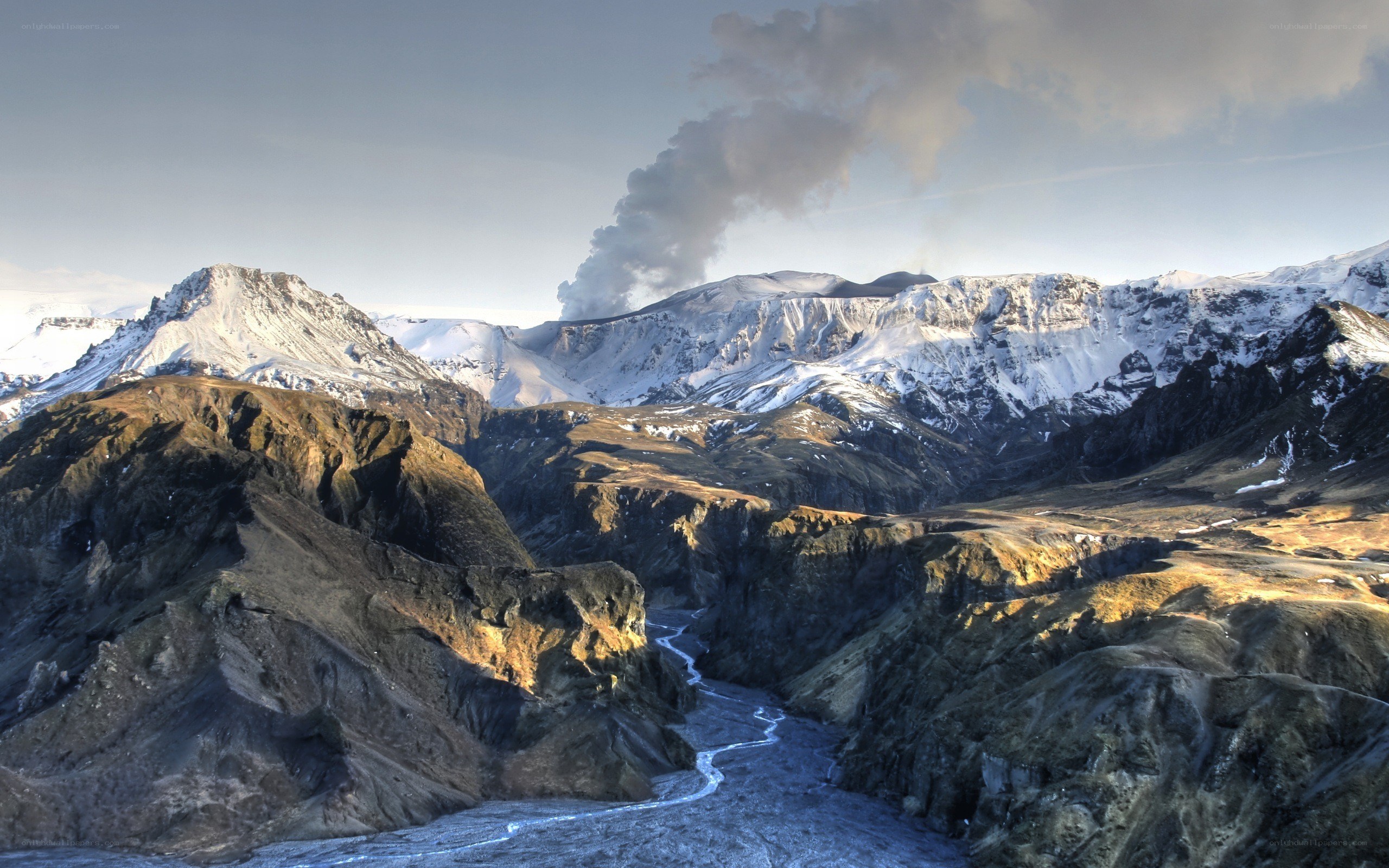 volcanic eruption in snowy mountains