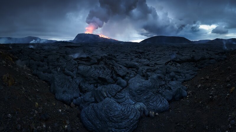 Volcanic Eruption Landscape — Black, Dramatic, Night, Photograph