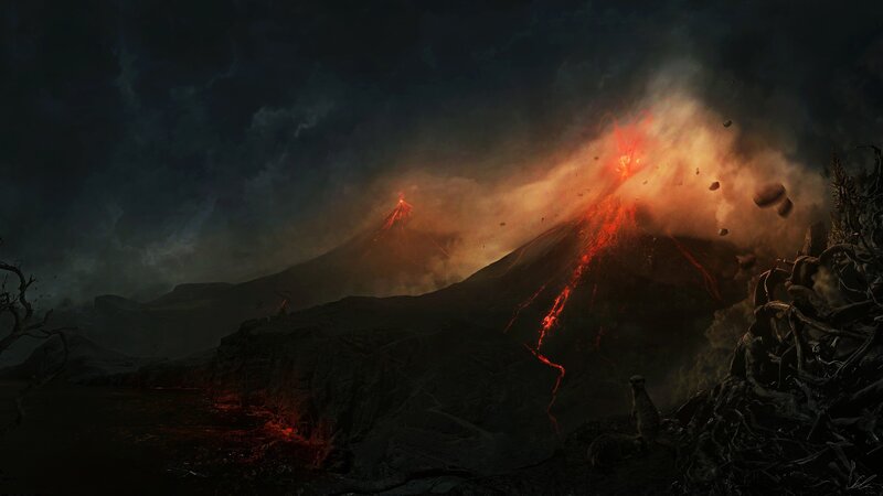 Volcanic Eruption Landscape — Black, Dramatic, Night