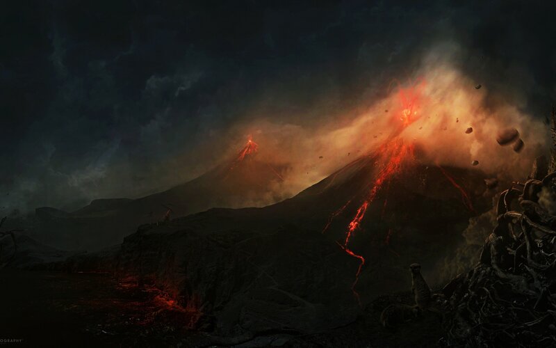 Volcanic Eruption Landscape — Black, Dramatic