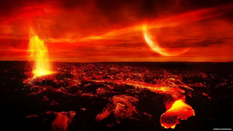 Volcanic Eruption Landscape — Red, Dramatic, Night, Digital Art, Lava Flow, Volcano, Moon, Orange