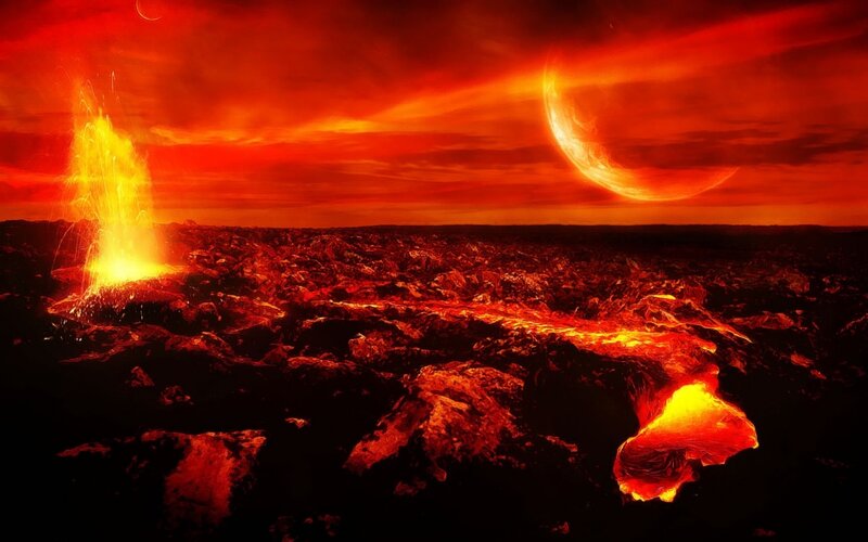 Volcanic Eruption Landscape — Red, Dramatic, Night, Digital Art