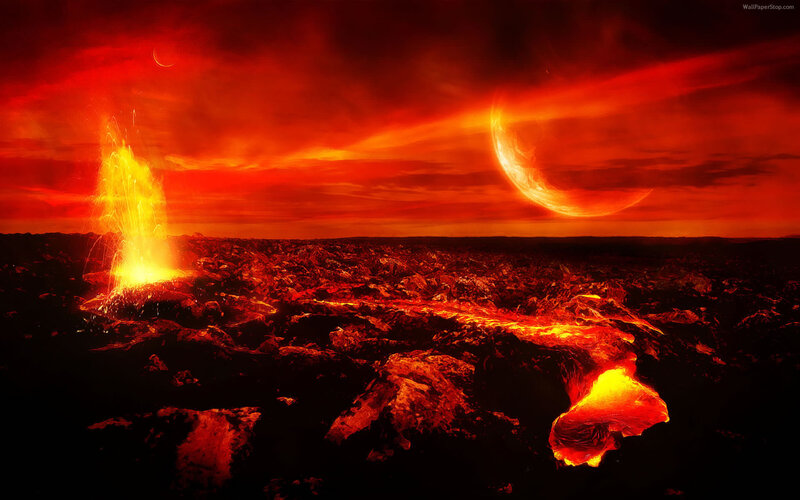Volcanic Eruption Landscape — Red, Dramatic, Night