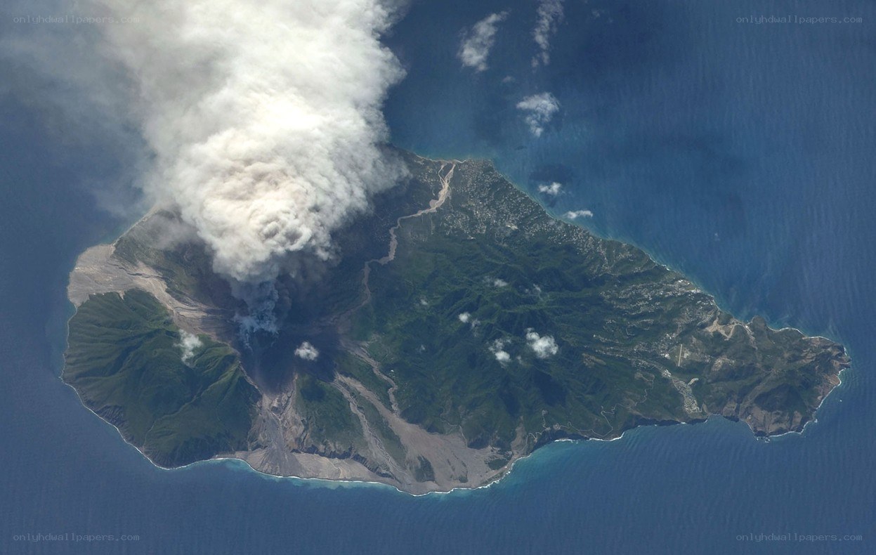 Volcanic eruption on an island