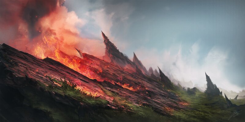 Volcanic Eruption on Mountain — Red