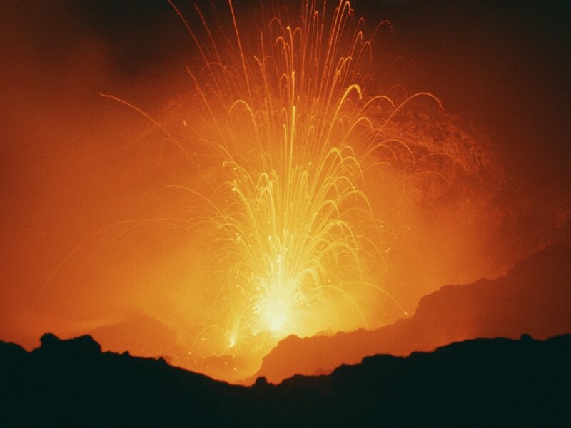 Volcanic Eruption — Orange, Dramatic, Night, Photograph, Lava, Ash