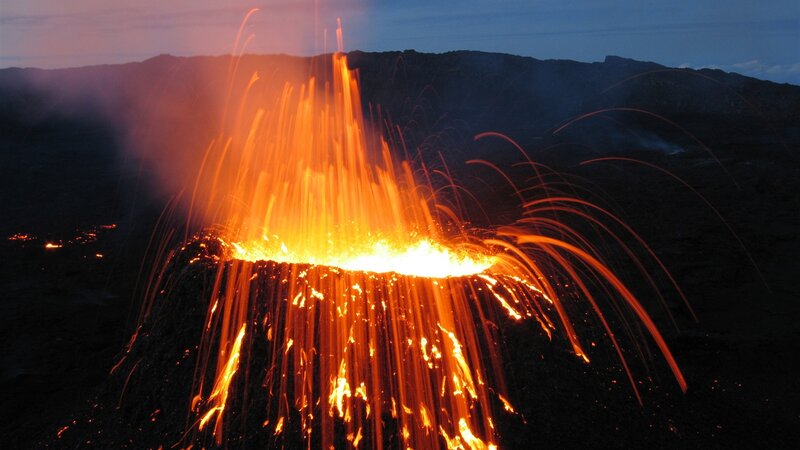 Volcanic Eruption — Orange, Dramatic, Night, Photograph, Lava, Mountain