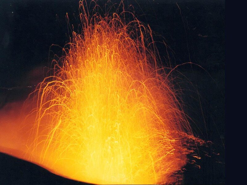 Volcanic Eruption — Orange, Dramatic, Night, Photograph, Lava, Sky
