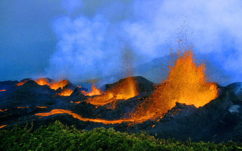 Volcanic Eruption — Orange, Dramatic, Night, Photograph, Lava