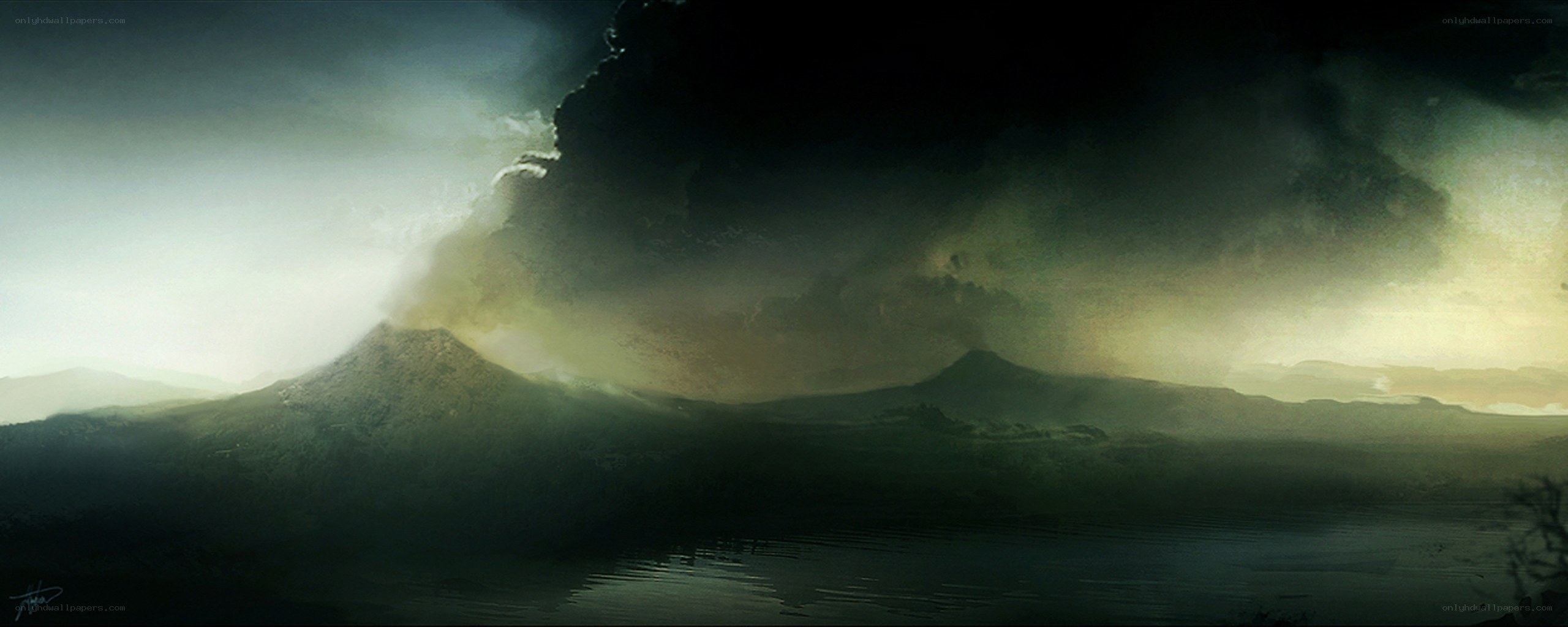 Volcanic eruption over a lake