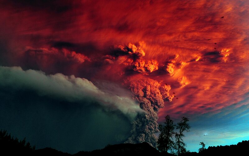 Volcanic Eruption — Red, Dramatic, Night, Photograph, Ash Cloud, Sky