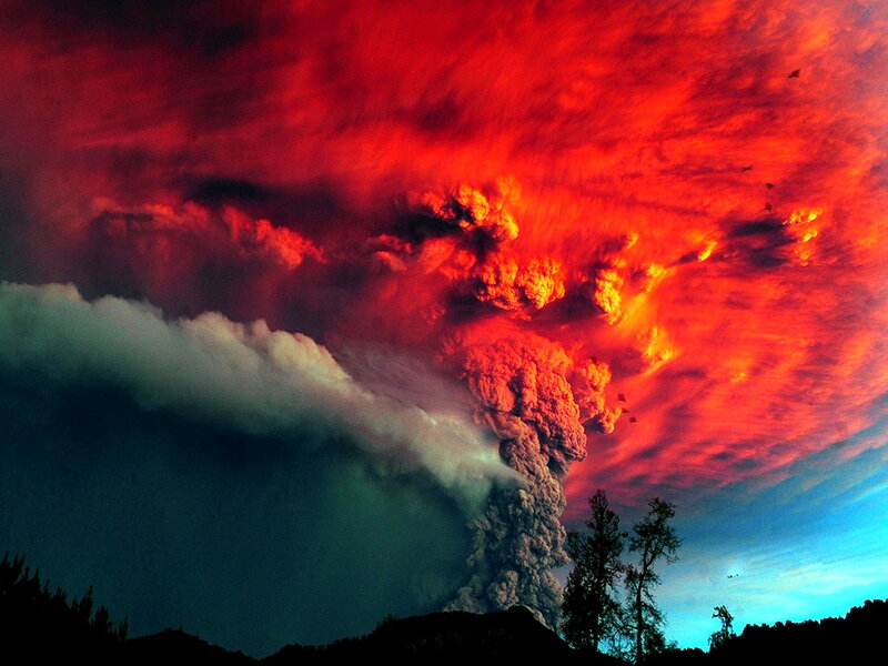 Volcanic Eruption — Red, Dramatic, Night, Photograph, Ash Cloud, Sky, Trees