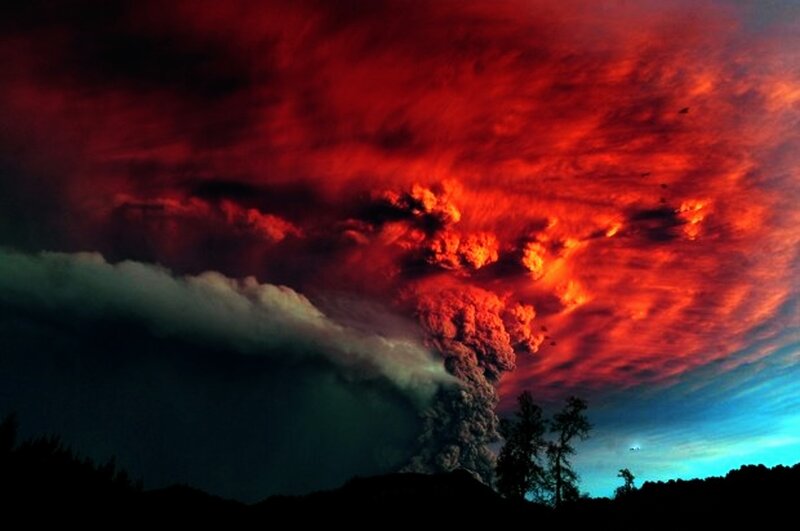 Volcanic Eruption — Red, Dramatic, Night, Photograph, Ash Cloud