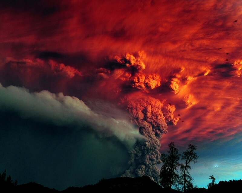 Volcanic Eruption — Red, Dramatic, Night, Photograph, Ash Cloud, Trees, Sky, Black